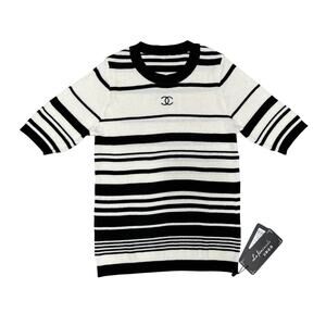 Fine Wool certified black white striped ribbed top women size M. La Feminode